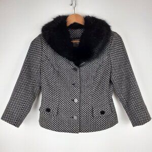 Scandi-girl tweed coat with faux fur collar, Size S. Black white. Mobwife Lux